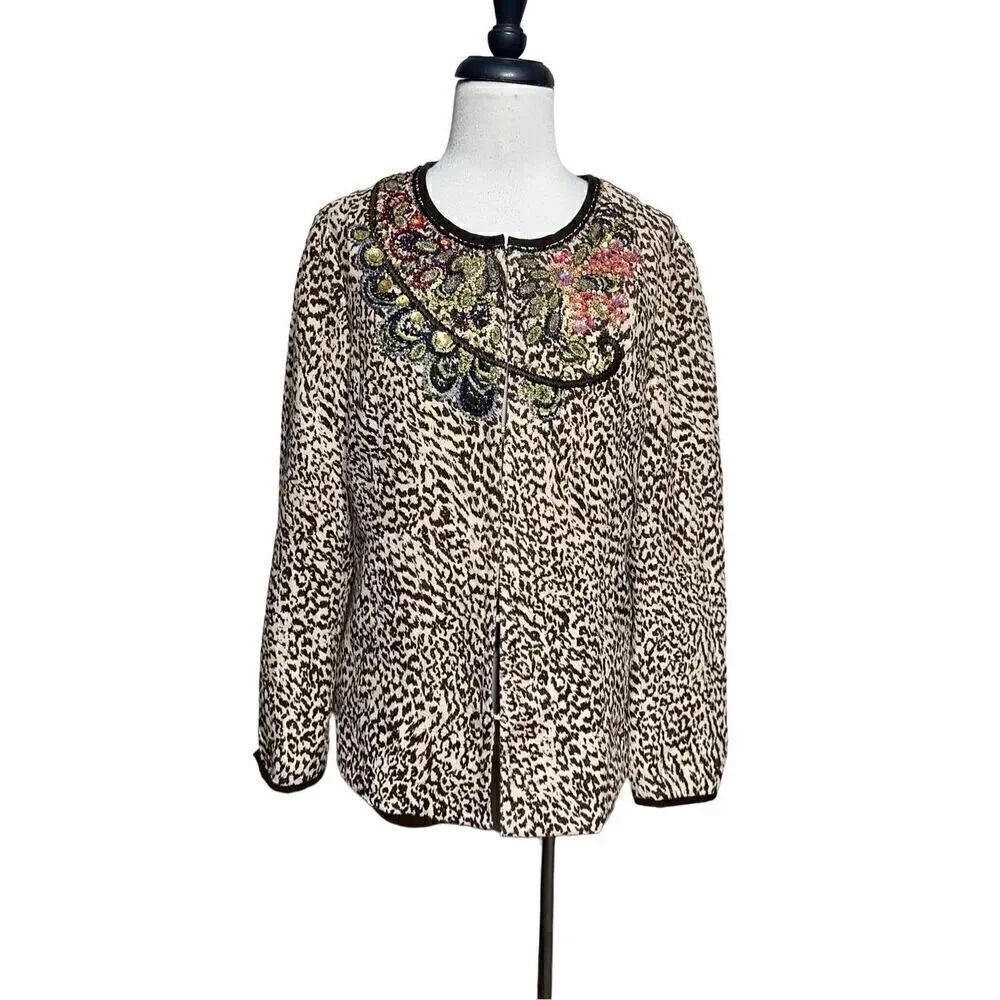 Chico's Animal Print Floral Sequined Jacket Size 1 Large